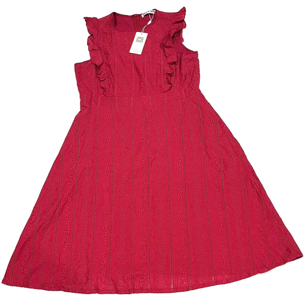 ECOWISH Womens Red Eyelet Lace Ruffle Sleeveless Midi Dress Size L NWT